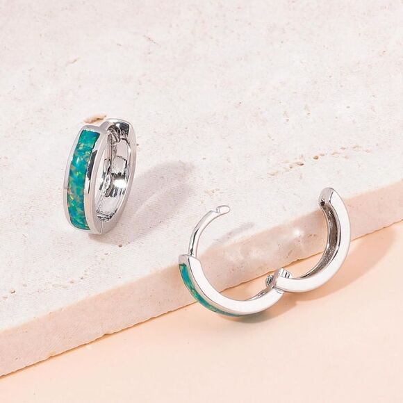 14K White Gold with Genuine Green Fire Opal Huggie Hoop Snap Hinge Earrings - Picture 4 of 5